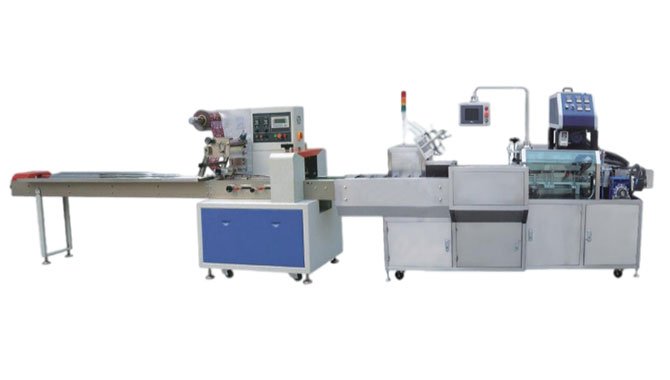 Fully automatic flow wrap packaging box production line